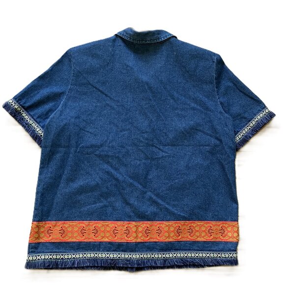 HL Design Fringed Denim Chambray Shirt Ribbon Trim Short Sleeves Vintage 90s - Picture 6 of 8